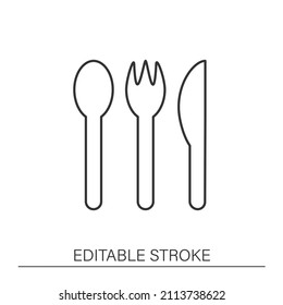  Kitchen tool line icon. Bamboo cutlery. Reusable knife, fork and spoon. Recycling. Ecology. Zero waste concept. Isolated vector illustration. Editable stroke