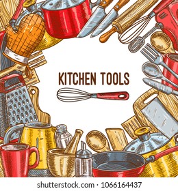 Kitchen tool and utensil sketch poster. Kitchenware frame with knife, spoon and fork, cooking pot, pan and cup, grater, kettle and spatula, rolling pin, whisk and wooden cutting board