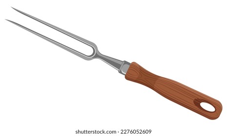 Kitchen tool with wooden handle. Carving fork. Isolated on white