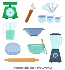 Kitchen tools accessory simple isolated set collection. Kitchenware scales, measuring cup, measuring spoon, eggbeater and bowl etc. Cooking concept. Vector flat cartoon graphic design illustration