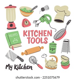 Herramientas de cocina y electrodomésticos. Ilustración ligera con objetos de cocina aislados en formato vectorial. Colección de utensilios de cocina. Ilustración 1 de 2.