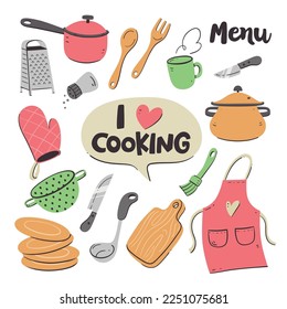 Kitchen tools and appliances. Cute illustration with isolated cooking objects in vector format. Kitchen utensils collection. Illustration 2 of 2.