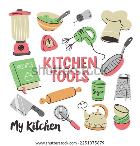 Kitchen tools and appliances. Cute illustration with isolated cooking objects in vector format. Kitchen utensils collection. Illustration 1 of 2.