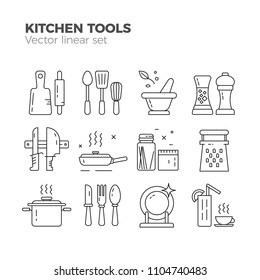 Kitchen tools and appliances linear vector icons set. Illustration of restaurant and cooking equipment in thin lines, flat style. Signs for store, web-site, brochures. Isolated on white background.