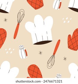 Kitchen tools and appliances seamless pattern. Kitchen utensils background. Flat vector illustration.