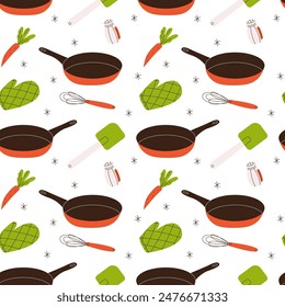 Herramientas de cocina y electrodomésticos sin patrón. Utensilios de cocina de fondo. Ilustración vectorial plana.