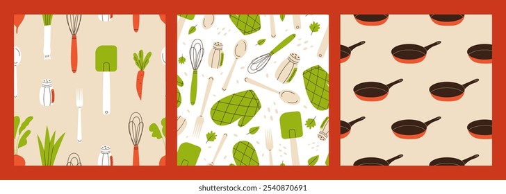 Kitchen tools and appliances seamless pattern set. Kitchen utensils background. Flat vector illustration.