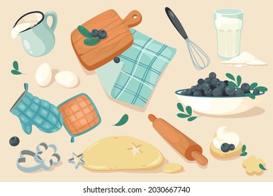 Kitchen tools for bakery design elements set. Collection of egg, milk, cutting board, whisk, napkin, flour, blueberry, mitt dough, cookie. Vector illustration isolated objects in flat cartoon style