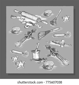Kitchen Tools and Baking Molds. Sketches. Vector Set