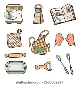 Kitchen Tools for Baking Recipes set colorful design illustration