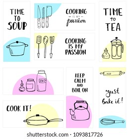Kitchen tools banners. Hand-drawn doodle pattern is perfect for the design of printed products, website, accessories.