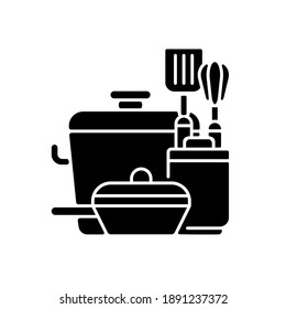 Kitchen tools black glyph icon. Cooking supplies. Food preparation containers. Cookware and bakeware. Pots and pans. Stainless steel. Silhouette symbol on white space. Vector isolated illustration