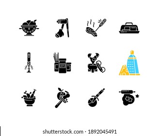 Kitchen tools black glyph icons set on white space. Cooking and serving meal. Home culinary. Food preparation. Household utensils. Recipe ingredients. Silhouette symbols. Vector isolated illustration