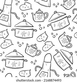 Herramientas de cocina patrón sin fisuras de doodle en blanco y negro.Ilustración vectorial de utensilios hechos a mano. Platos acogedores, vajilla, vajilla con elementos de sketch pot, tetera, tack, delantal