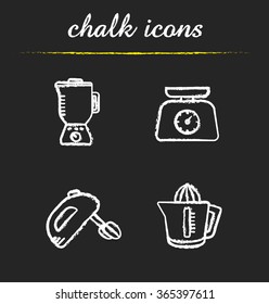 Kitchen tools chalk icons set. Multi speed blender, food scales, hand mixer and juicer symbols. Kitchenware items. White illustrations on blackboard. Vector chalkboard logo concepts