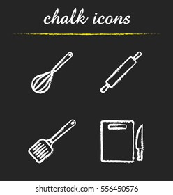 Kitchen tools chalk icons set. Cooking instruments. Whisk, rolling pin, spatula and cutting board with knife. Isolated vector chalkboard illustrations