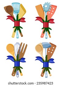 Kitchen tools with christmas spruce branch and ribbon