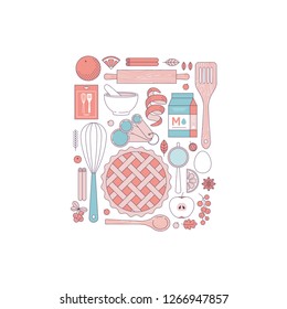 Kitchen tools collection. Kitchenware set. Bakery objects. Pie making. Flat line style. Vector illustration