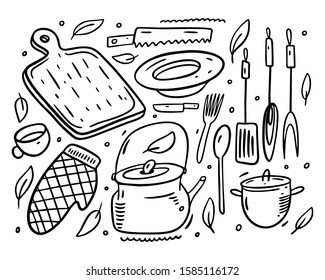 Kitchen tools collection set icons. Hand draw vector illustration. Black color. Isolated on white background.