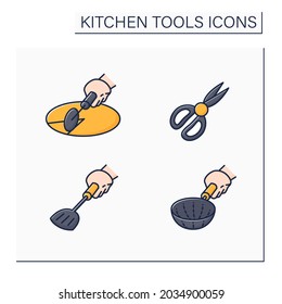 Kitchen Tools Color Icons Set. Cooking Utensils. Pizza Cutter, Shears, Stainer, Spade. Kitchen Equipment Concept. Isolated Vector Illustration