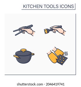 Kitchen tools color icons set. Cooking utensils. Stockpot, brush, chopsticks,oven mitts. Kitchen equipment concept. Isolated vector illustrations