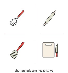 Kitchen tools color icons set. Cooking instruments. Whisk, rolling pin, spatula and cutting board with knife. Vector isolated illustrations