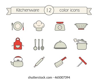 Kitchen tools color icons set. Colander, kettle, cleaver, corkscrew, rolling pin, covered dish, steaming stewpot, apron, food scales, chef's hat, plate. Kitchenware. Isolated vector illustrations