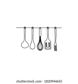 Kitchen tools. Continuous one line drawing kitchen utensils, cooking tool illustration, black and white outline cutlery sketch vector design. Fork and knife