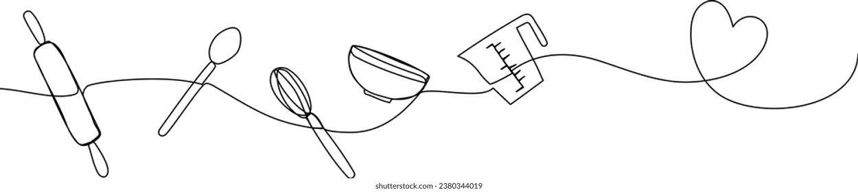 Kitchen tools in continuous one line art style. Simple vector illustration