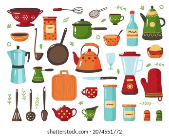 Kitchen tools. Cook equipments, cooking tool and crockery. Isolated decorated cup, polka dot teapot. Accessories for food home made classy vector kit