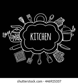 Kitchen tools and cook sketch bubbles vector illustration. Background Kitchen.