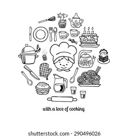 Kitchen tools and cook sketch icons on a white background isolation vector set. Background Kitchen.