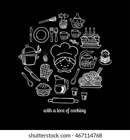 Kitchen tools and cook sketch icons on a white background isolation vector set. Background Kitchen.