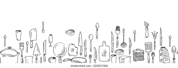 Kitchen tools for cooking. Bottom seamless border. Accessories, knives and miscellaneous. Outline hand drawn sketch. Drawing with ink. Isolated on white background. Vector.