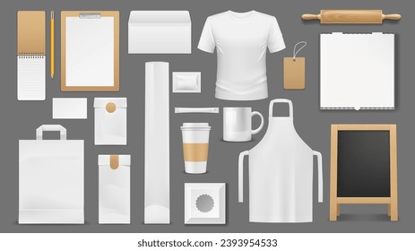 Kitchen tools, cooking equipment and chef apparel template mockups. Cooking identity. Restaurant branding vector templates with t-shirt, apron, packaging packets and menu page 3d realistic mockup