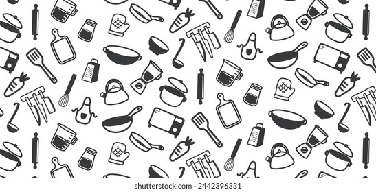kitchen tools, cooking equipment utensil icon seamless pattern doodle background, wallpaper