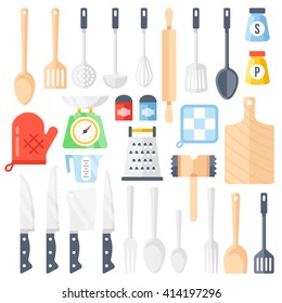Kitchen tools, cooking equipment, kitchen utensils set. Large collection of different tools, instrument for cooking. Top view. Colorful flat icons set. Vector illustration isolated on white background