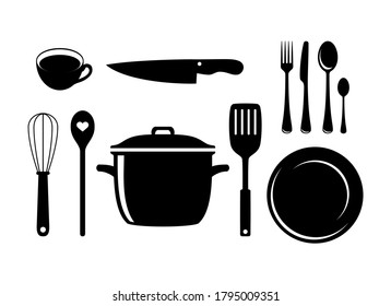 Kitchen tools for cooking icon set vector. Set of kitchen utensils vector. Kitchen tools and equipment vector. Kitchenware black and white silhouette icon set isolated on a white background