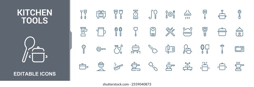 Kitchen tools and Cooking icons set. Collection of icons for kitchenware, household, spoon, knife, saucepan, boiling time, mixer, blender. Vector illustration.