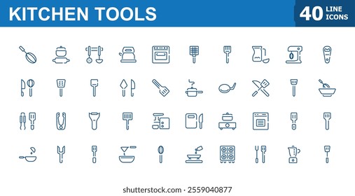 Kitchen tools and Cooking icons set. Collection of icons for kitchenware, household, spoon, knife, saucepan, boiling time, mixer, blender. Vector illustration.