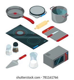 Kitchen tools for cooking. Isometric pictures set. Kitchen equipment and knife, kitchenware pan and microwave. Vector illustration