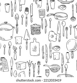 Kitchen tools for cooking. Seamless pattern. Accessories, knives and miscellaneous. Outline hand drawn sketch. Drawing with ink. Isolated on white background. Vector.