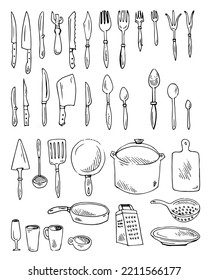 Küchengeräte zum Kochen. Set aus Geschirr und Messer, Löffel und vieles mehr. Zubehör, Messer und vieles mehr. Skizze mit Handzeichnung. Zeichnen mit Tinte. Einzeln auf weißem Hintergrund. Vektorgrafik.