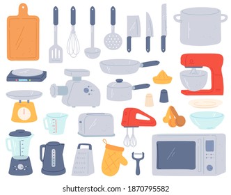 Kitchen tools. Cooking utensil and electric appliances for baking oven, mixer, scales, mincer. Home cookware in minimalist style vector set. Toaster, jar for water and glass, frying pan and saucepan