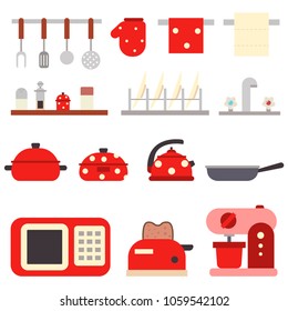 Kitchen tools for cooking. Utensil and household appliances vector flat set isolated on white background.