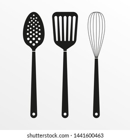 Kitchen tools and Cooking utensils icon. Spatula, Whisk and Skimmer. Vector illustration.