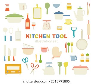 Ferramentas de cozinha, utensílios de cozinha, cozinha, ilustração, estilo doodle, conjunto, bonito, sem linhas, plano, simples