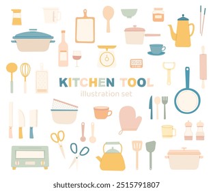 Herramientas de cocina, utensilios de cocina, cocina, ilustración, estilo doodle, conjunto, lindo, sin líneas, plano, simple