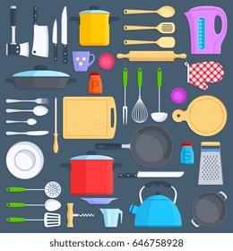 Kitchen tools, cookware and kitchenware flat icons set