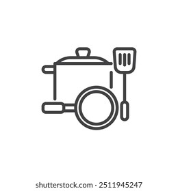 Icono de línea de utensilios de cocina y utensilios de cocina. signo de estilo lineal para concepto móvil y Diseño web. Olla, sartén y utensilios delinean el ícono del Vector. Símbolo de utensilios de cocina, ilustración de logotipo. Gráficos de Vector